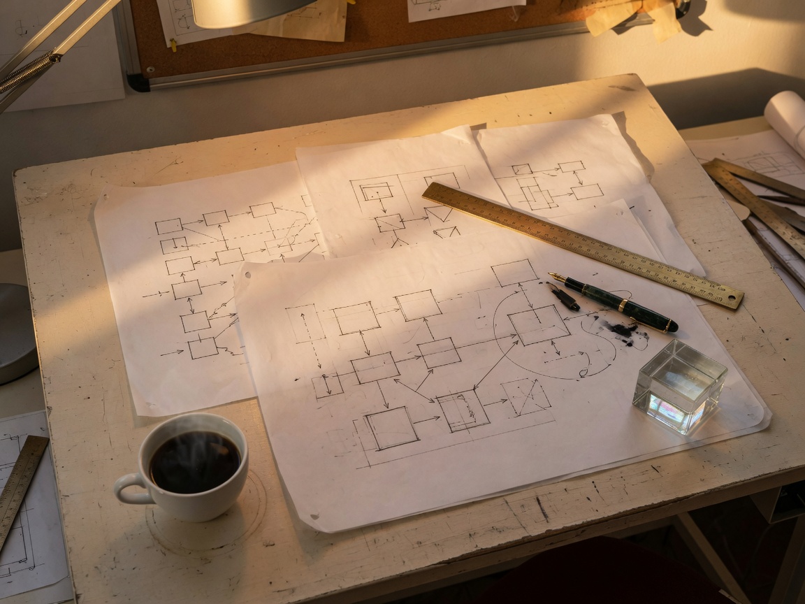 System diagrams on a drafting table.